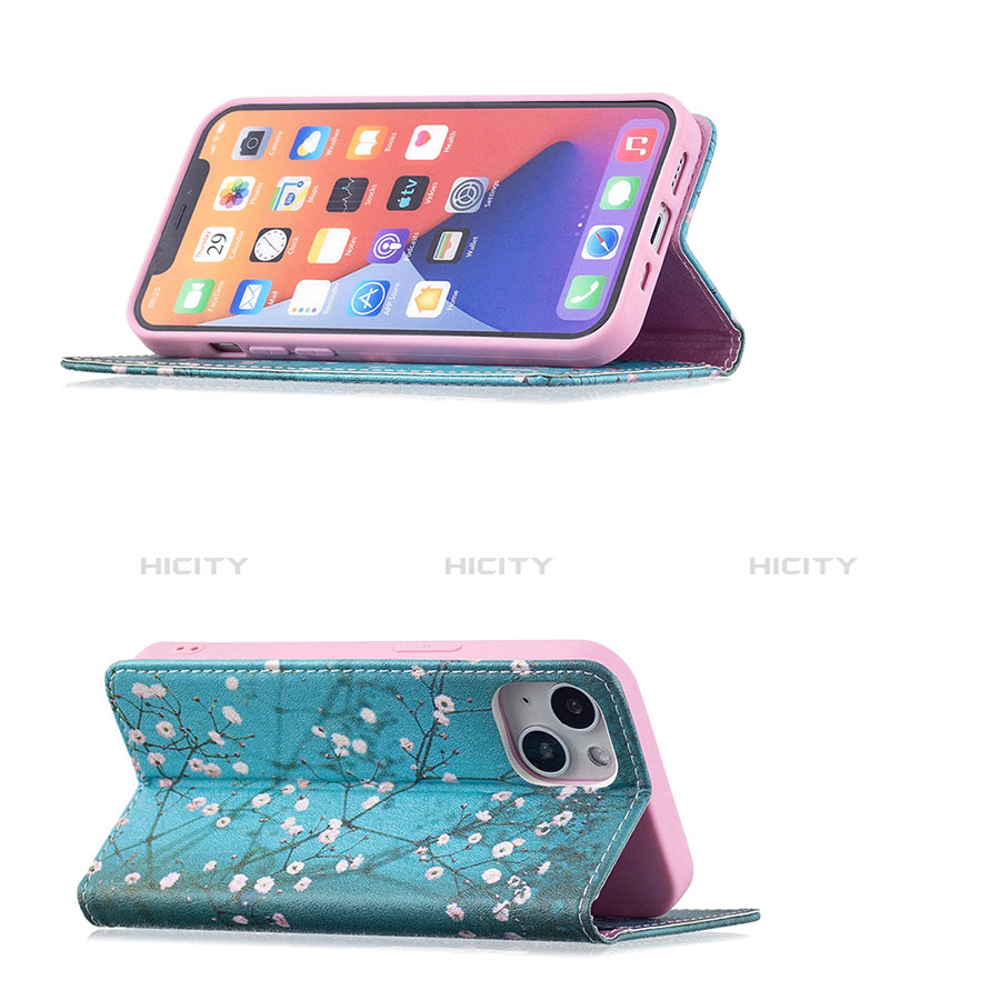 Handytasche Stand Schutzhülle Flip Leder Hülle Blumen für Apple iPhone 13 Cyan groß