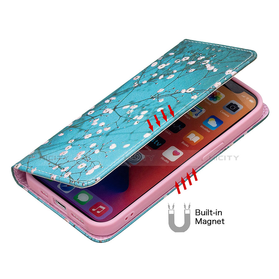 Handytasche Stand Schutzhülle Flip Leder Hülle Blumen für Apple iPhone 13 Cyan groß