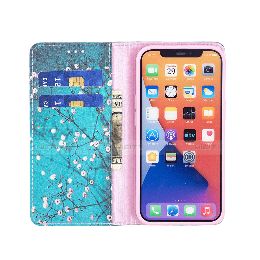 Handytasche Stand Schutzhülle Flip Leder Hülle Blumen für Apple iPhone 13 Cyan groß