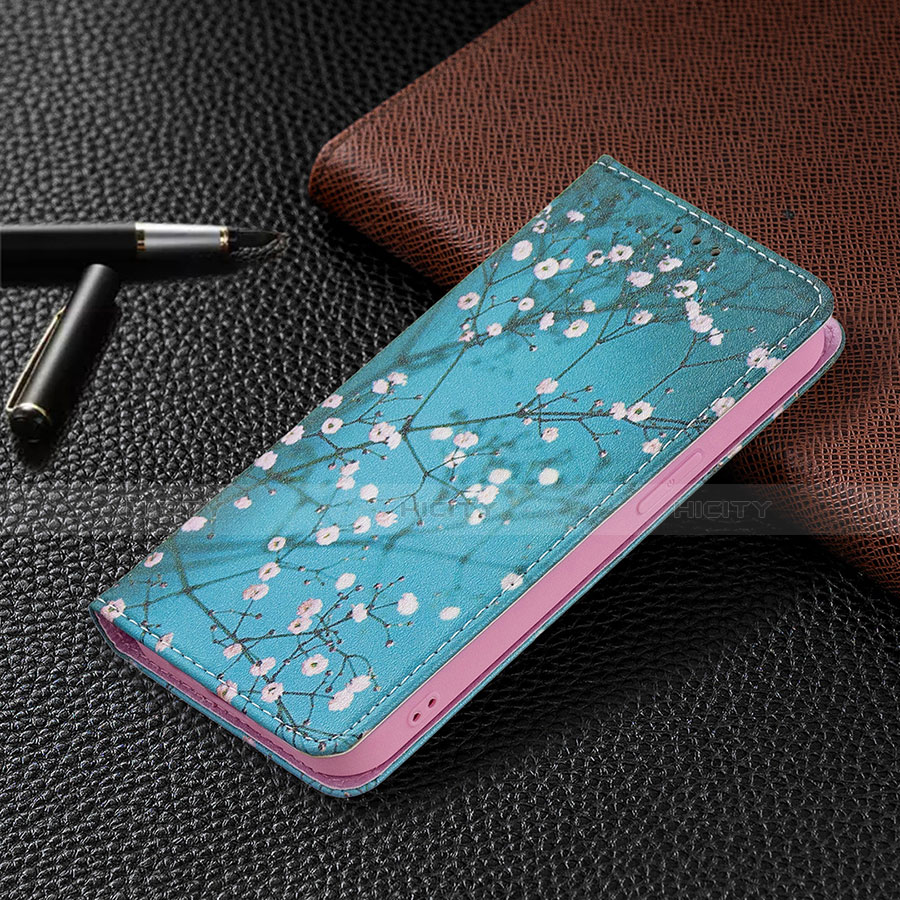 Handytasche Stand Schutzhülle Flip Leder Hülle Blumen für Apple iPhone 13 Cyan groß