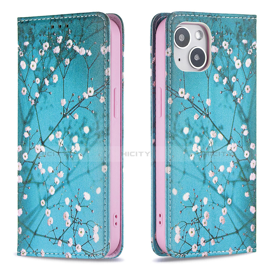 Handytasche Stand Schutzhülle Flip Leder Hülle Blumen für Apple iPhone 13 Mini Cyan