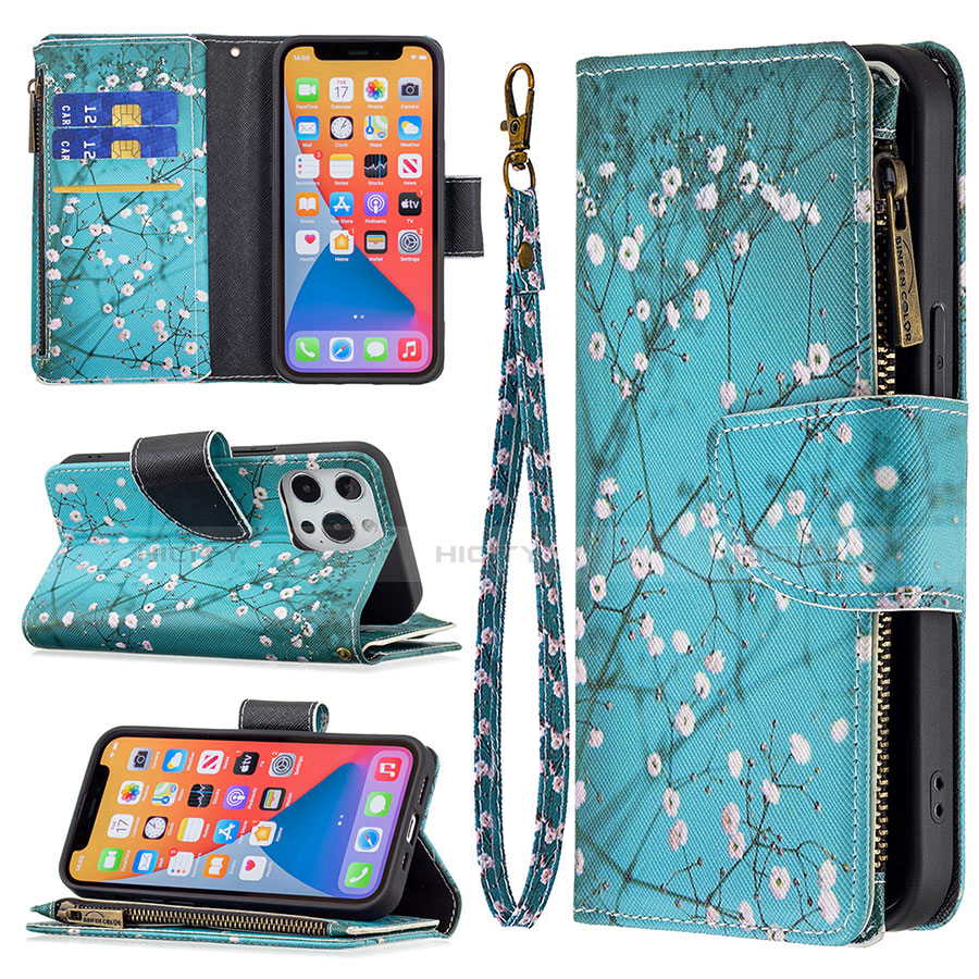 Handytasche Stand Schutzhülle Flip Leder Hülle Blumen für Apple iPhone 13 Pro Cyan