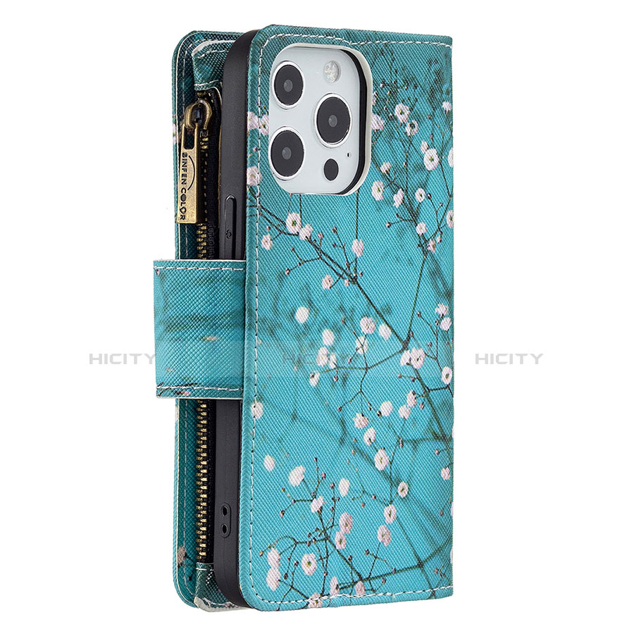 Handytasche Stand Schutzhülle Flip Leder Hülle Blumen für Apple iPhone 13 Pro Cyan