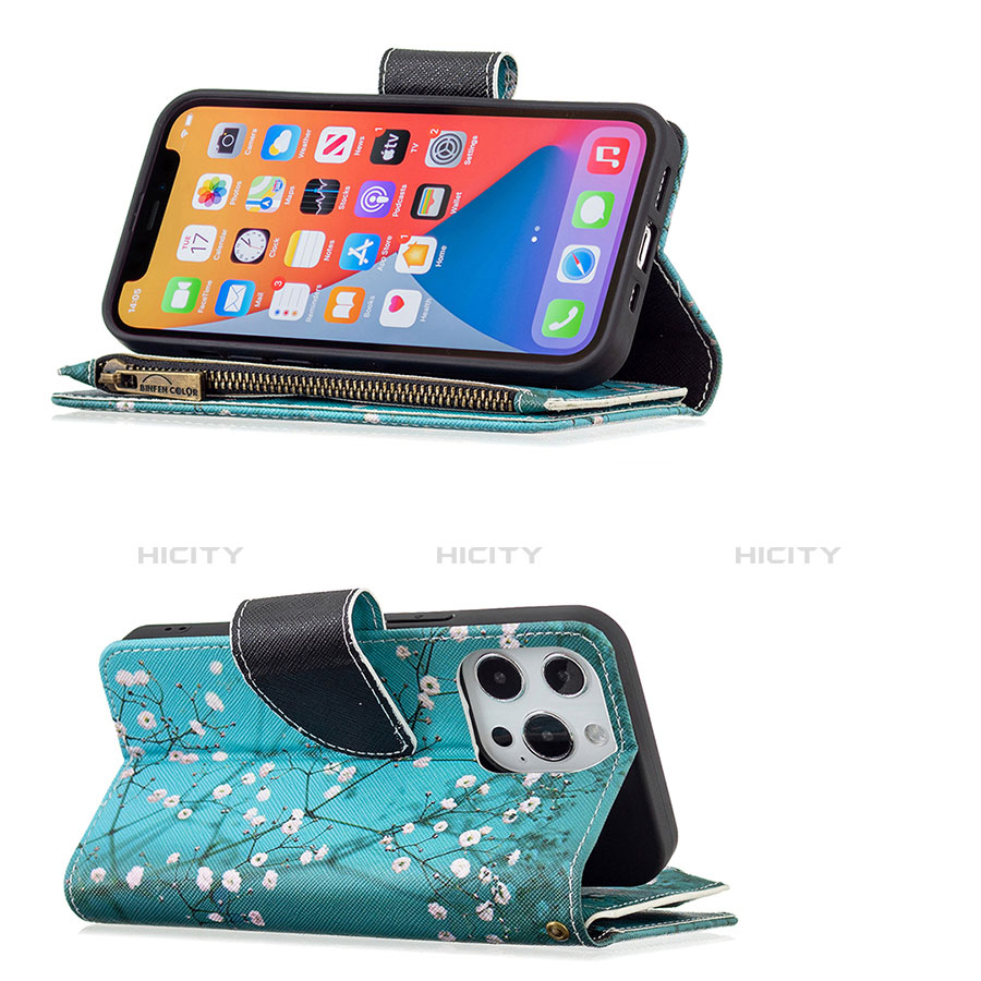 Handytasche Stand Schutzhülle Flip Leder Hülle Blumen für Apple iPhone 13 Pro Cyan