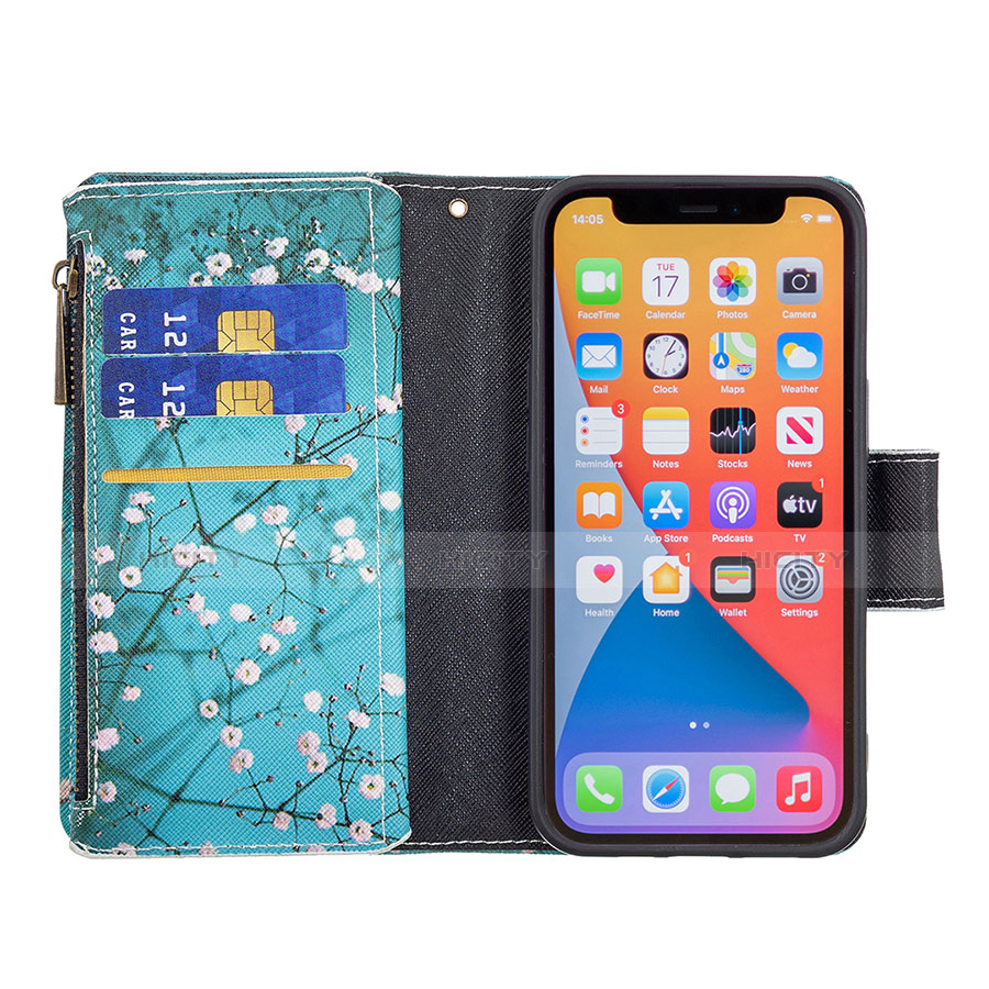 Handytasche Stand Schutzhülle Flip Leder Hülle Blumen für Apple iPhone 13 Pro Cyan