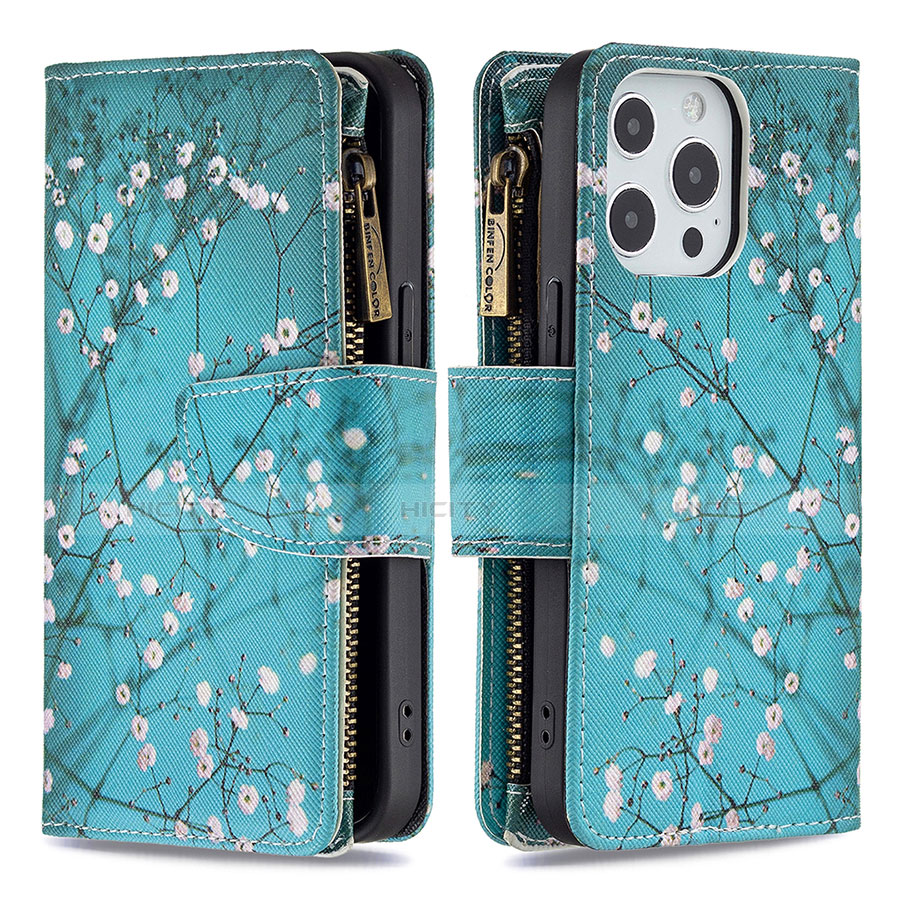 Handytasche Stand Schutzhülle Flip Leder Hülle Blumen für Apple iPhone 13 Pro Max Cyan