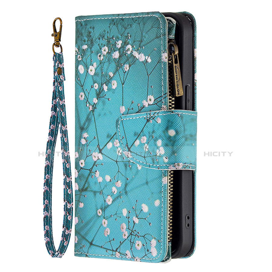 Handytasche Stand Schutzhülle Flip Leder Hülle Blumen für Apple iPhone 13 Pro Max Cyan