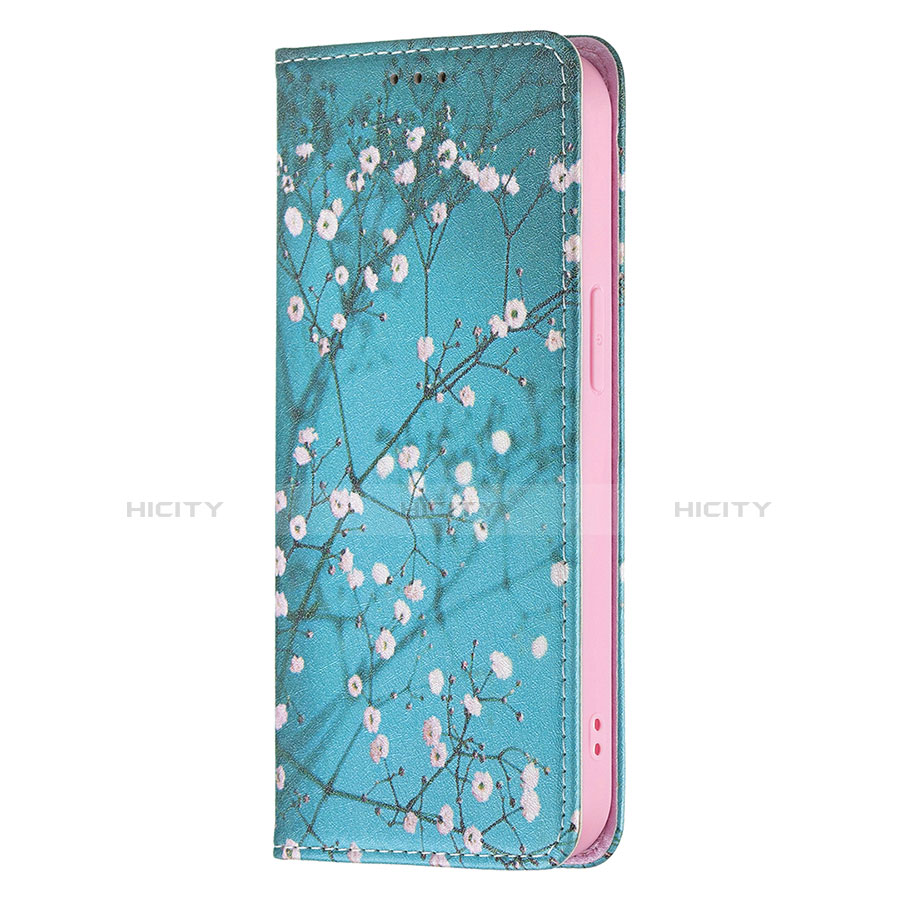 Handytasche Stand Schutzhülle Flip Leder Hülle Blumen für Apple iPhone 13 Pro Max Hellblau