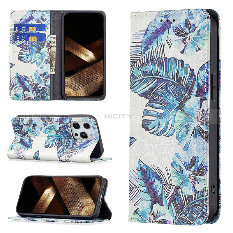 Handytasche Stand Schutzhülle Flip Leder Hülle Blumen für Apple iPhone 14 Pro Blau