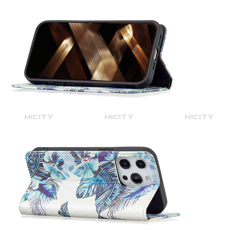 Handytasche Stand Schutzhülle Flip Leder Hülle Blumen für Apple iPhone 14 Pro Blau