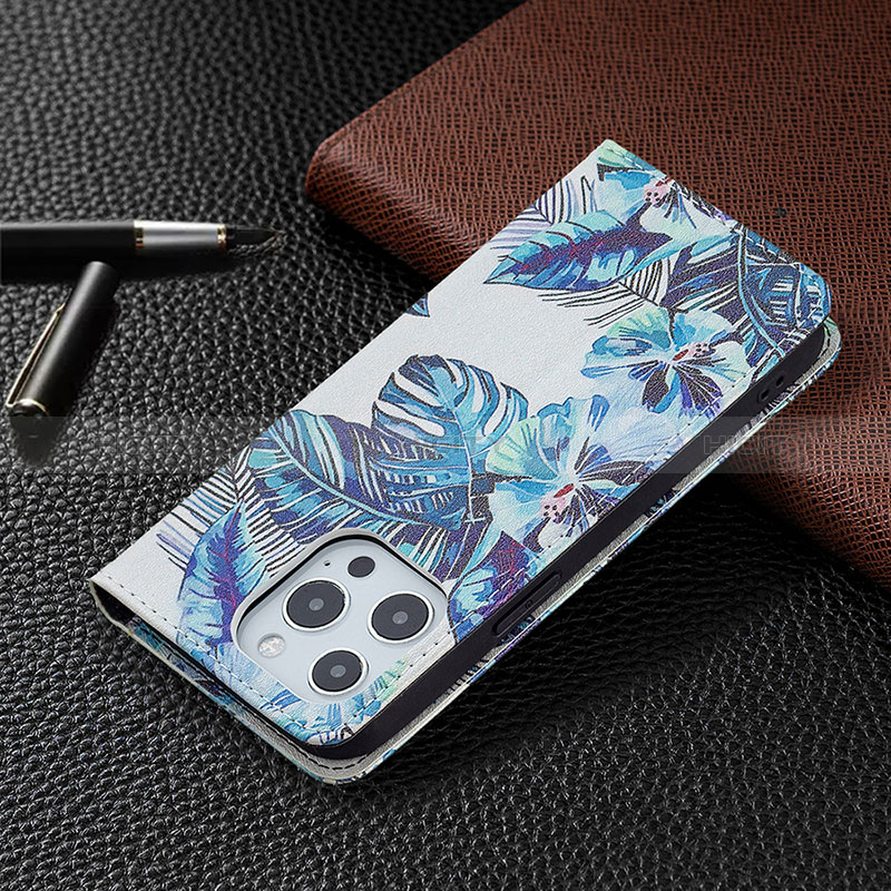 Handytasche Stand Schutzhülle Flip Leder Hülle Blumen für Apple iPhone 14 Pro Blau