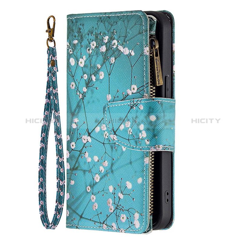 Handytasche Stand Schutzhülle Flip Leder Hülle Blumen für Apple iPhone 14 Pro Cyan