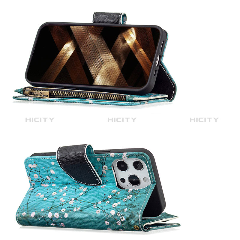 Handytasche Stand Schutzhülle Flip Leder Hülle Blumen für Apple iPhone 14 Pro Cyan