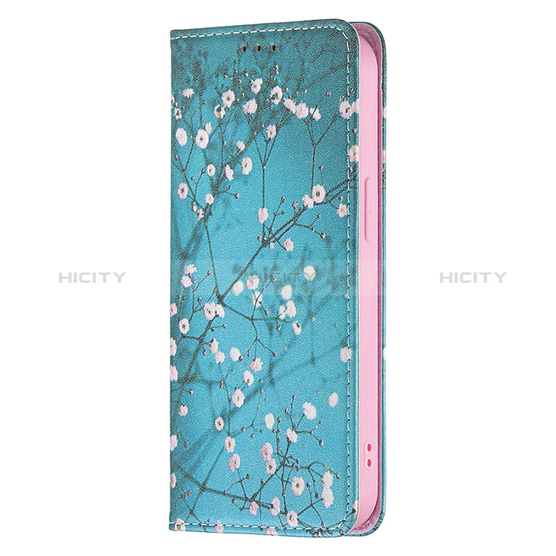 Handytasche Stand Schutzhülle Flip Leder Hülle Blumen für Apple iPhone 14 Pro Hellblau