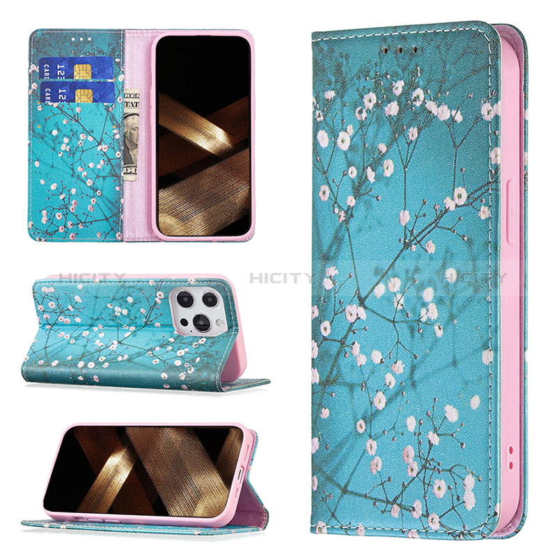 Handytasche Stand Schutzhülle Flip Leder Hülle Blumen für Apple iPhone 14 Pro Hellblau