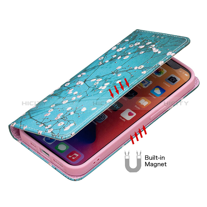 Handytasche Stand Schutzhülle Flip Leder Hülle Blumen für Apple iPhone 14 Pro Hellblau