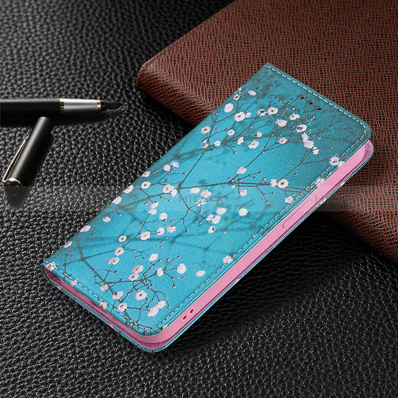 Handytasche Stand Schutzhülle Flip Leder Hülle Blumen für Apple iPhone 14 Pro Hellblau