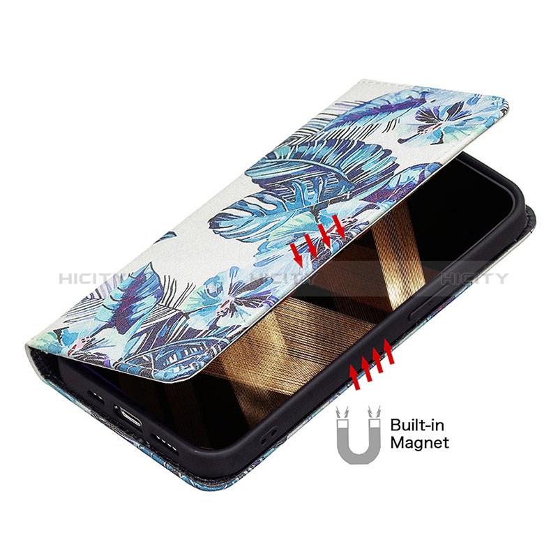 Handytasche Stand Schutzhülle Flip Leder Hülle Blumen für Apple iPhone 15 Blau