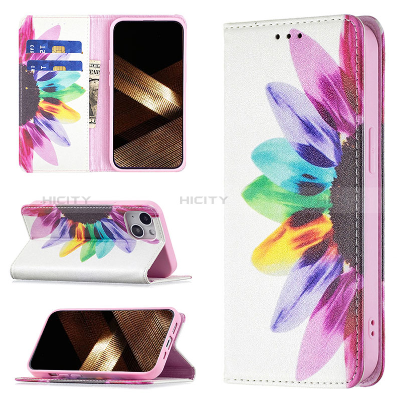 Handytasche Stand Schutzhülle Flip Leder Hülle Blumen für Apple iPhone 15 Bunt