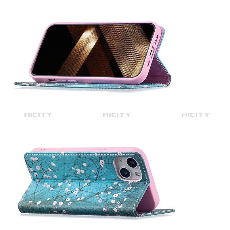 Handytasche Stand Schutzhülle Flip Leder Hülle Blumen für Apple iPhone 15 Cyan