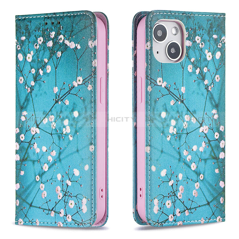 Handytasche Stand Schutzhülle Flip Leder Hülle Blumen für Apple iPhone 15 Plus Cyan