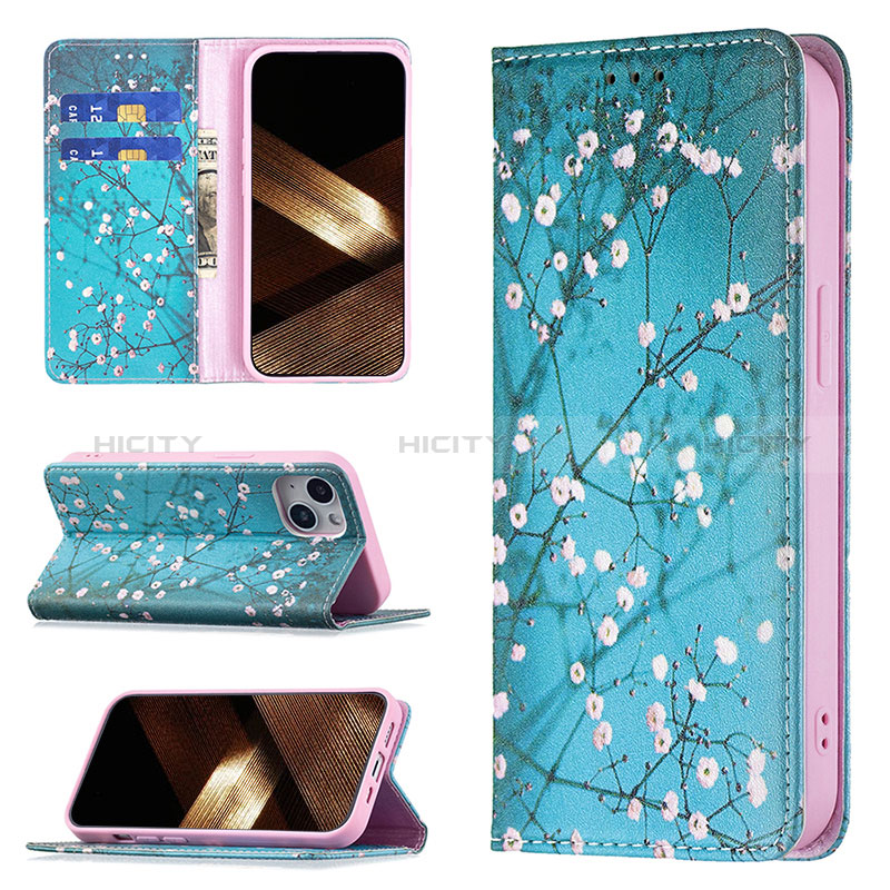 Handytasche Stand Schutzhülle Flip Leder Hülle Blumen für Apple iPhone 15 Plus Cyan