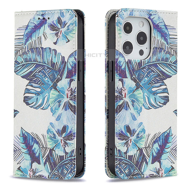 Handytasche Stand Schutzhülle Flip Leder Hülle Blumen für Apple iPhone 15 Pro Blau