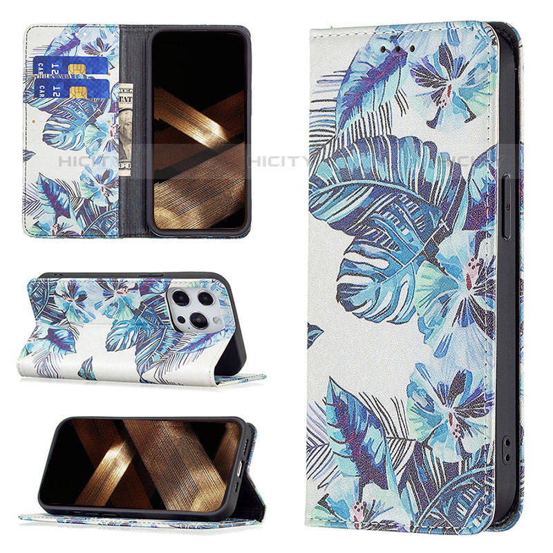 Handytasche Stand Schutzhülle Flip Leder Hülle Blumen für Apple iPhone 15 Pro Blau