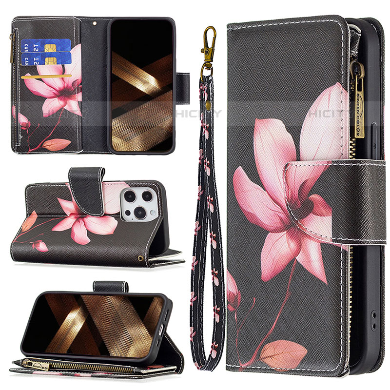 Handytasche Stand Schutzhülle Flip Leder Hülle Blumen für Apple iPhone 15 Pro Braun