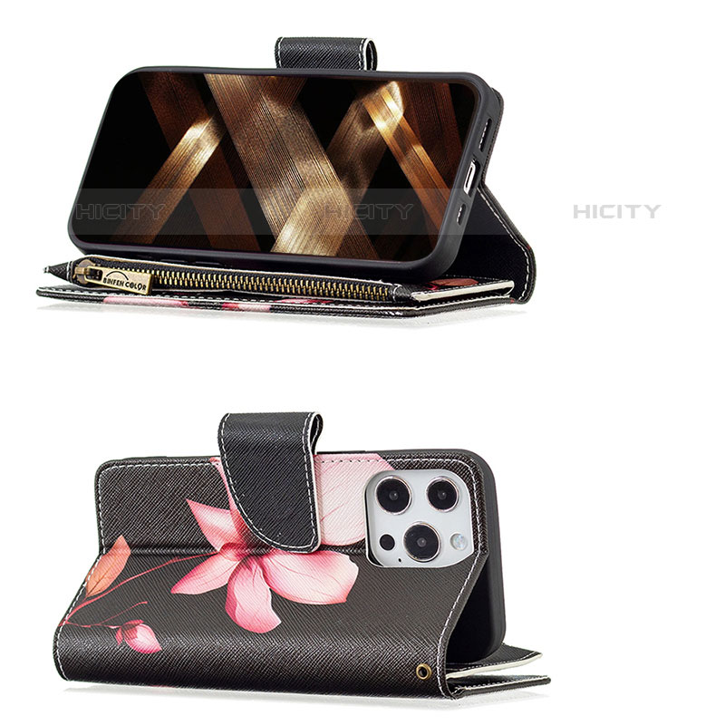 Handytasche Stand Schutzhülle Flip Leder Hülle Blumen für Apple iPhone 15 Pro Braun