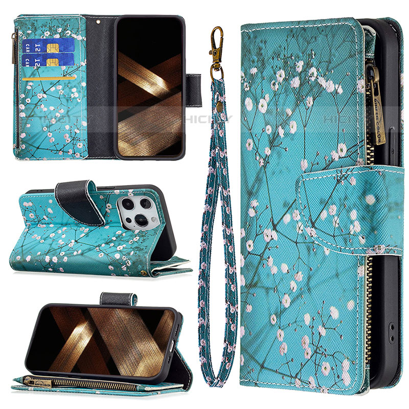 Handytasche Stand Schutzhülle Flip Leder Hülle Blumen für Apple iPhone 15 Pro Cyan