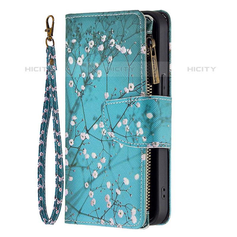 Handytasche Stand Schutzhülle Flip Leder Hülle Blumen für Apple iPhone 15 Pro Cyan