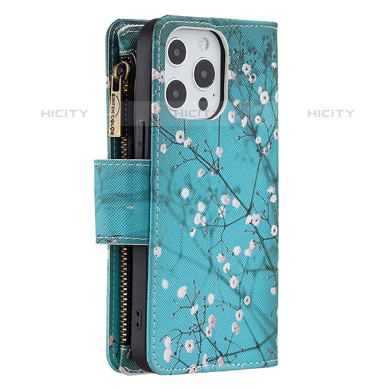 Handytasche Stand Schutzhülle Flip Leder Hülle Blumen für Apple iPhone 15 Pro Cyan