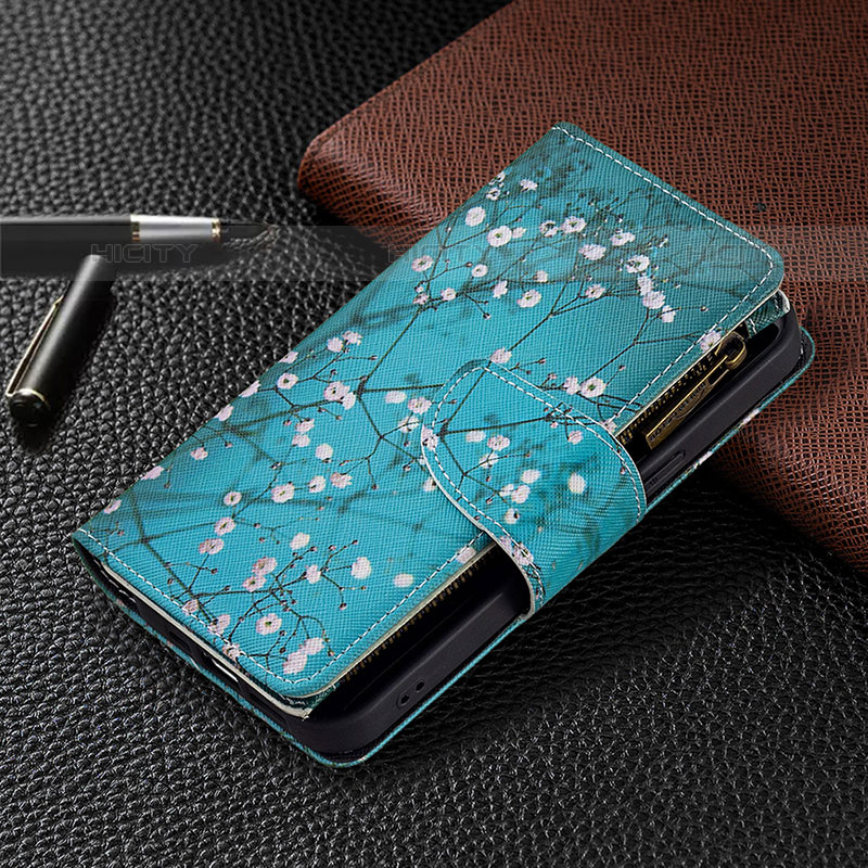 Handytasche Stand Schutzhülle Flip Leder Hülle Blumen für Apple iPhone 15 Pro Cyan