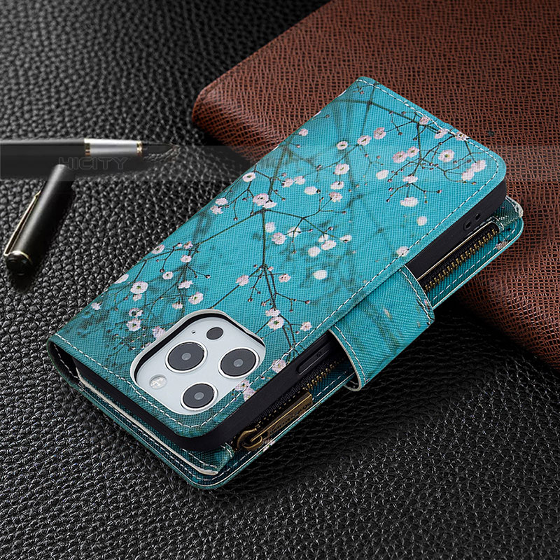 Handytasche Stand Schutzhülle Flip Leder Hülle Blumen für Apple iPhone 15 Pro Cyan