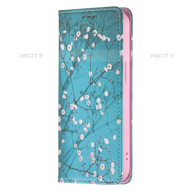 Handytasche Stand Schutzhülle Flip Leder Hülle Blumen für Apple iPhone 15 Pro Hellblau