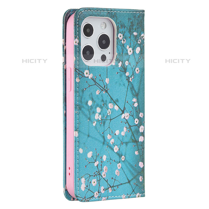 Handytasche Stand Schutzhülle Flip Leder Hülle Blumen für Apple iPhone 15 Pro Hellblau