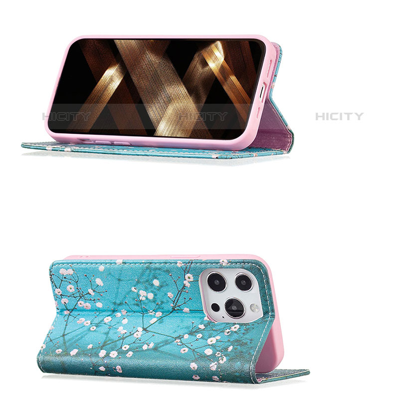 Handytasche Stand Schutzhülle Flip Leder Hülle Blumen für Apple iPhone 15 Pro Max Hellblau