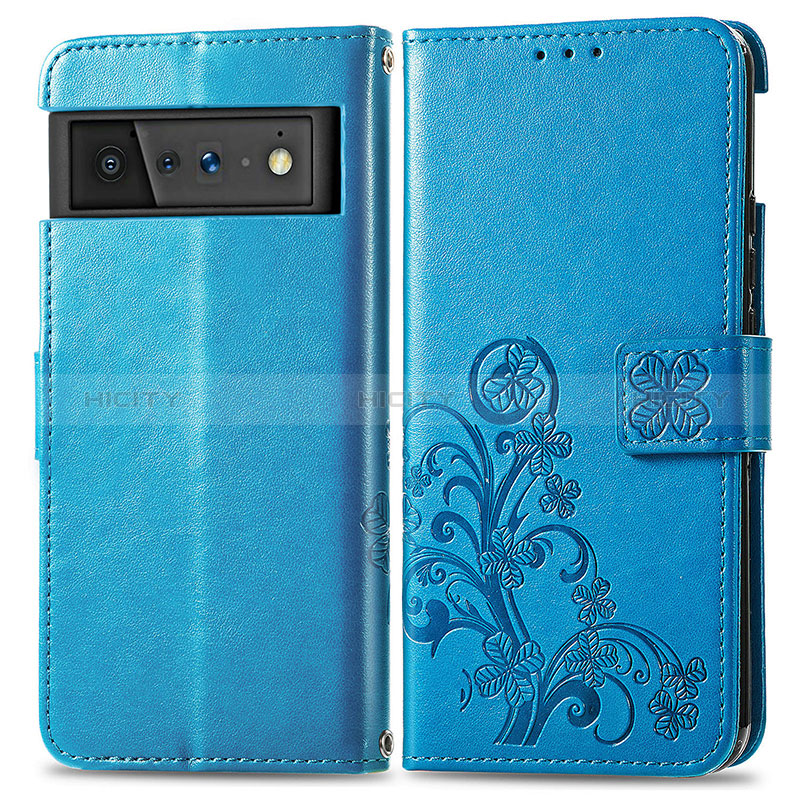 Handytasche Stand Schutzhülle Flip Leder Hülle Blumen für Google Pixel 6 Pro 5G Blau