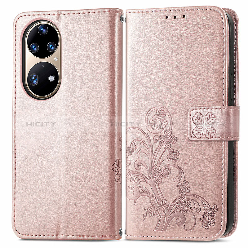 Handytasche Stand Schutzhülle Flip Leder Hülle Blumen für Huawei P50 Rosa