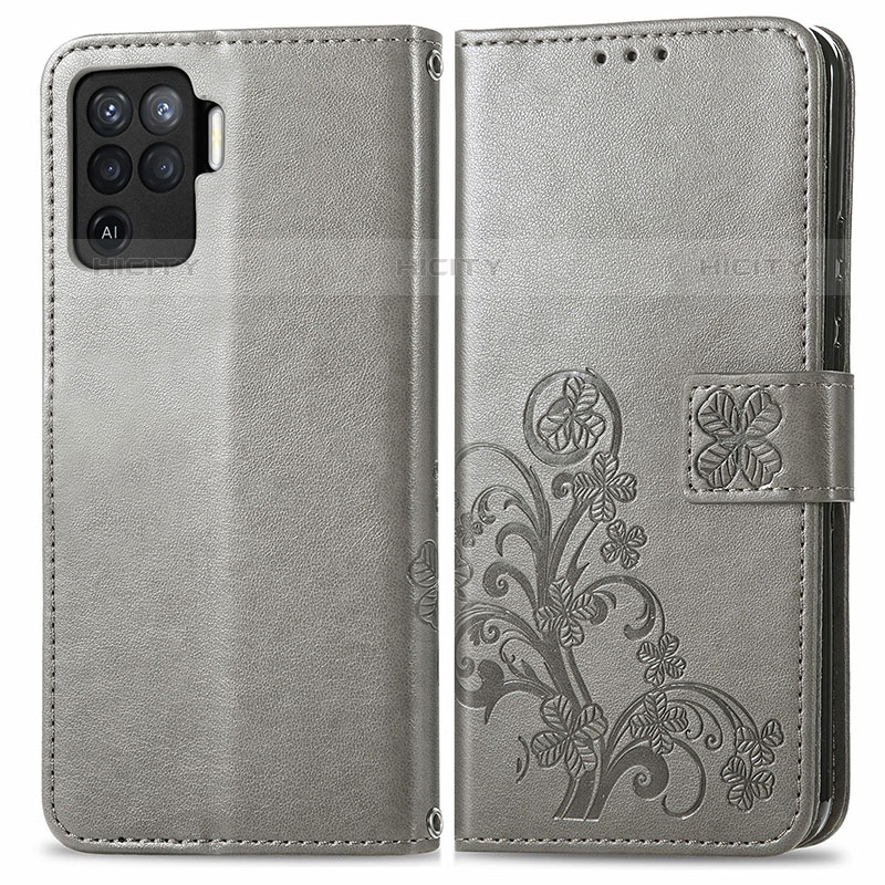 Handytasche Stand Schutzhülle Flip Leder Hülle Blumen für Oppo A94 4G Grau Plus