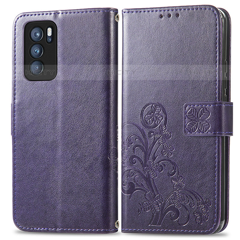 Handytasche Stand Schutzhülle Flip Leder Hülle Blumen für Oppo Reno6 Pro 5G India Violett