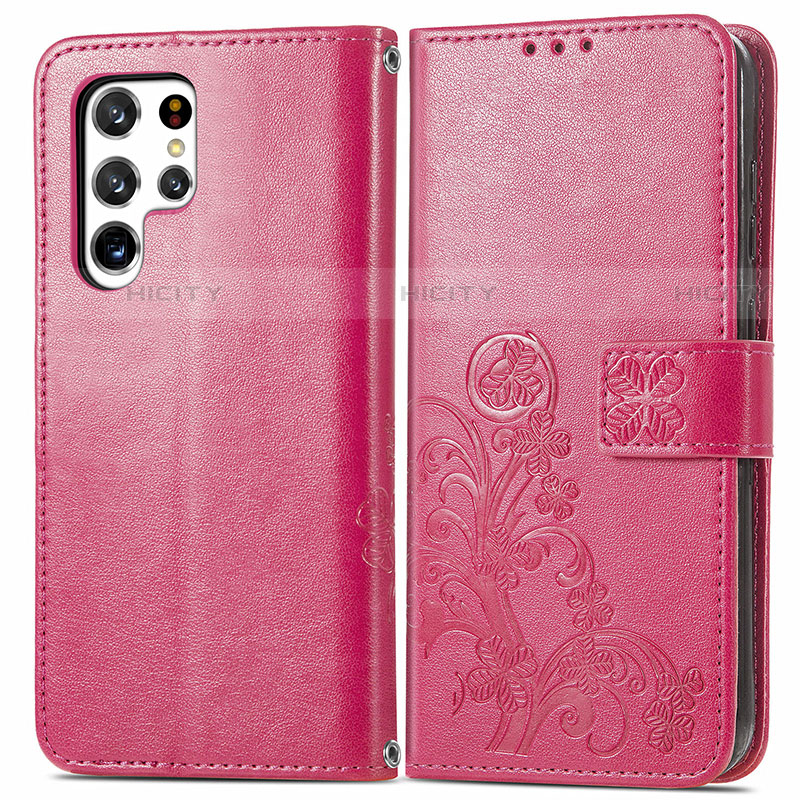 Handytasche Stand Schutzhülle Flip Leder Hülle Blumen für Samsung Galaxy S23 Ultra 5G Rot