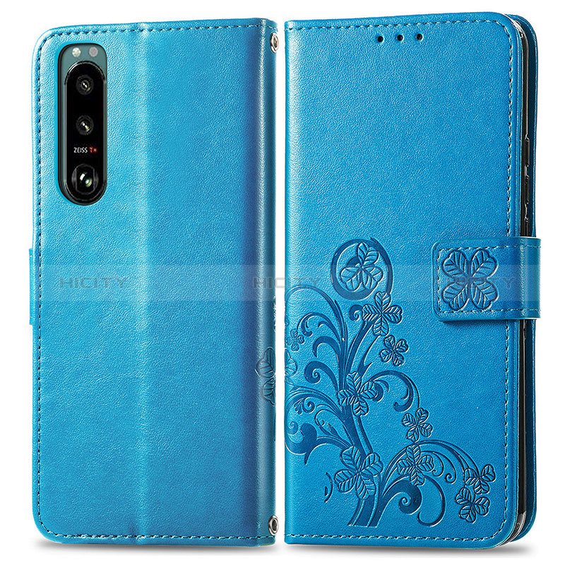 Handytasche Stand Schutzhülle Flip Leder Hülle Blumen für Sony Xperia 5 III SO-53B Blau