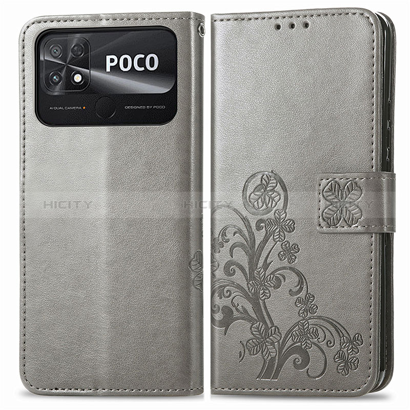 Handytasche Stand Schutzhülle Flip Leder Hülle Blumen für Xiaomi Poco C40 Grau