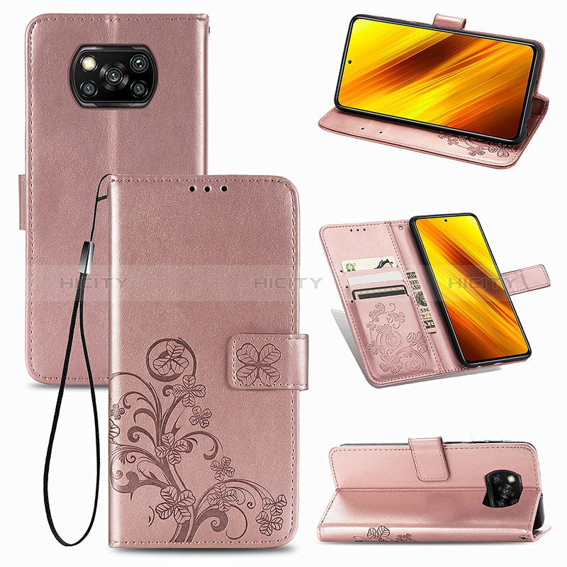 Handytasche Stand Schutzhülle Flip Leder Hülle Blumen für Xiaomi Poco X3 NFC Rosa