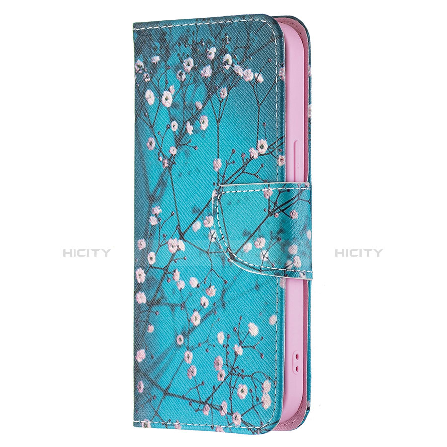 Handytasche Stand Schutzhülle Flip Leder Hülle Blumen L01 für Apple iPhone 13 Cyan