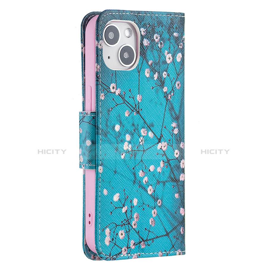 Handytasche Stand Schutzhülle Flip Leder Hülle Blumen L01 für Apple iPhone 13 Cyan