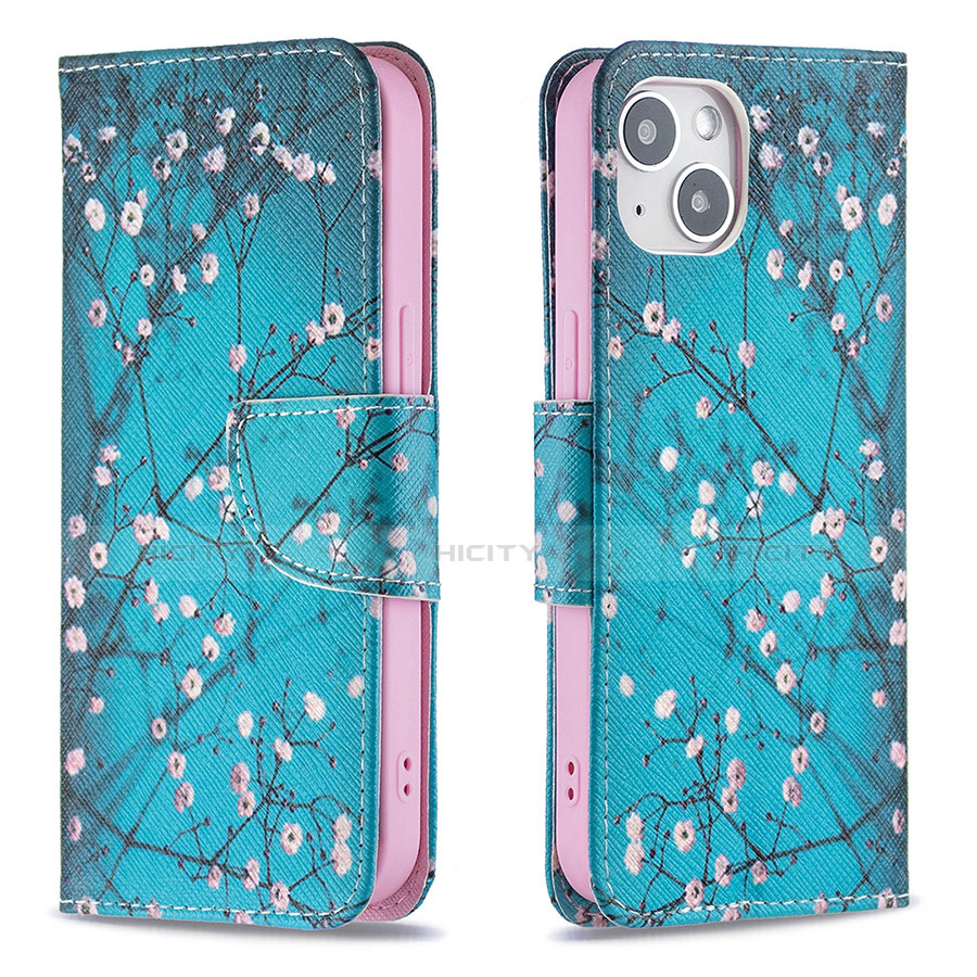 Handytasche Stand Schutzhülle Flip Leder Hülle Blumen L01 für Apple iPhone 13 Mini Cyan