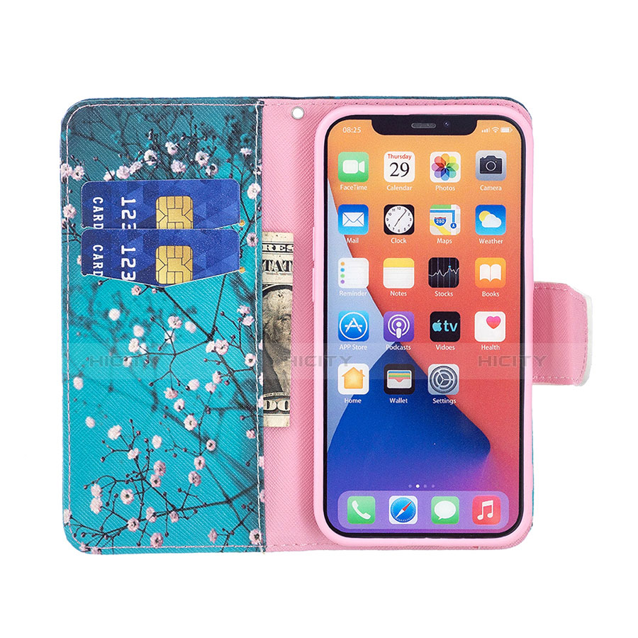 Handytasche Stand Schutzhülle Flip Leder Hülle Blumen L01 für Apple iPhone 13 Mini Cyan